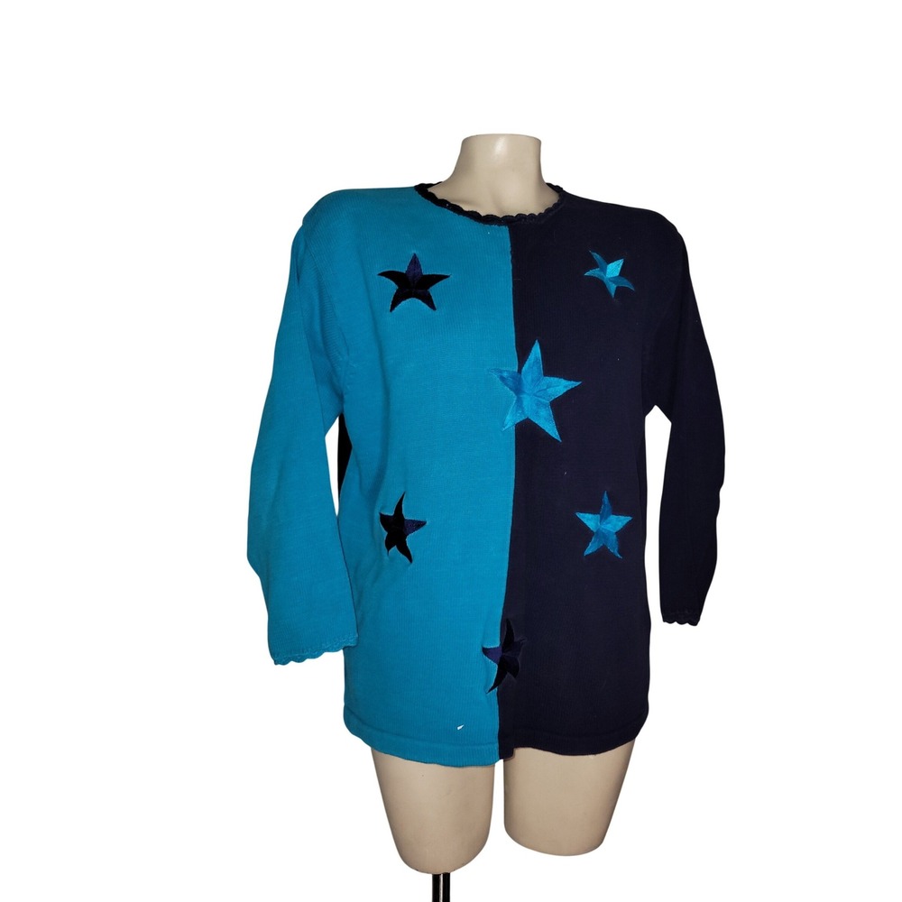 Koret Petites Vintage Colorblock Star Embroidered Cotton Sweater Teal Navy M